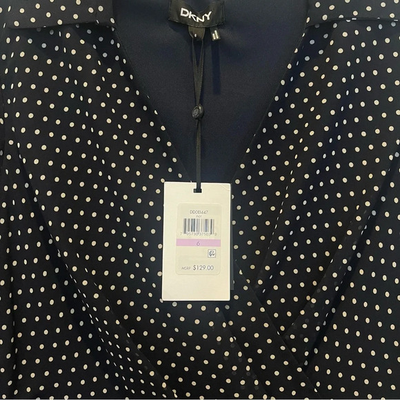 DKNY Navy Blue Polka Dot Collared Fit & Flare Long Sleeve Midi Dress Sz 6 - Picture 4 of 10